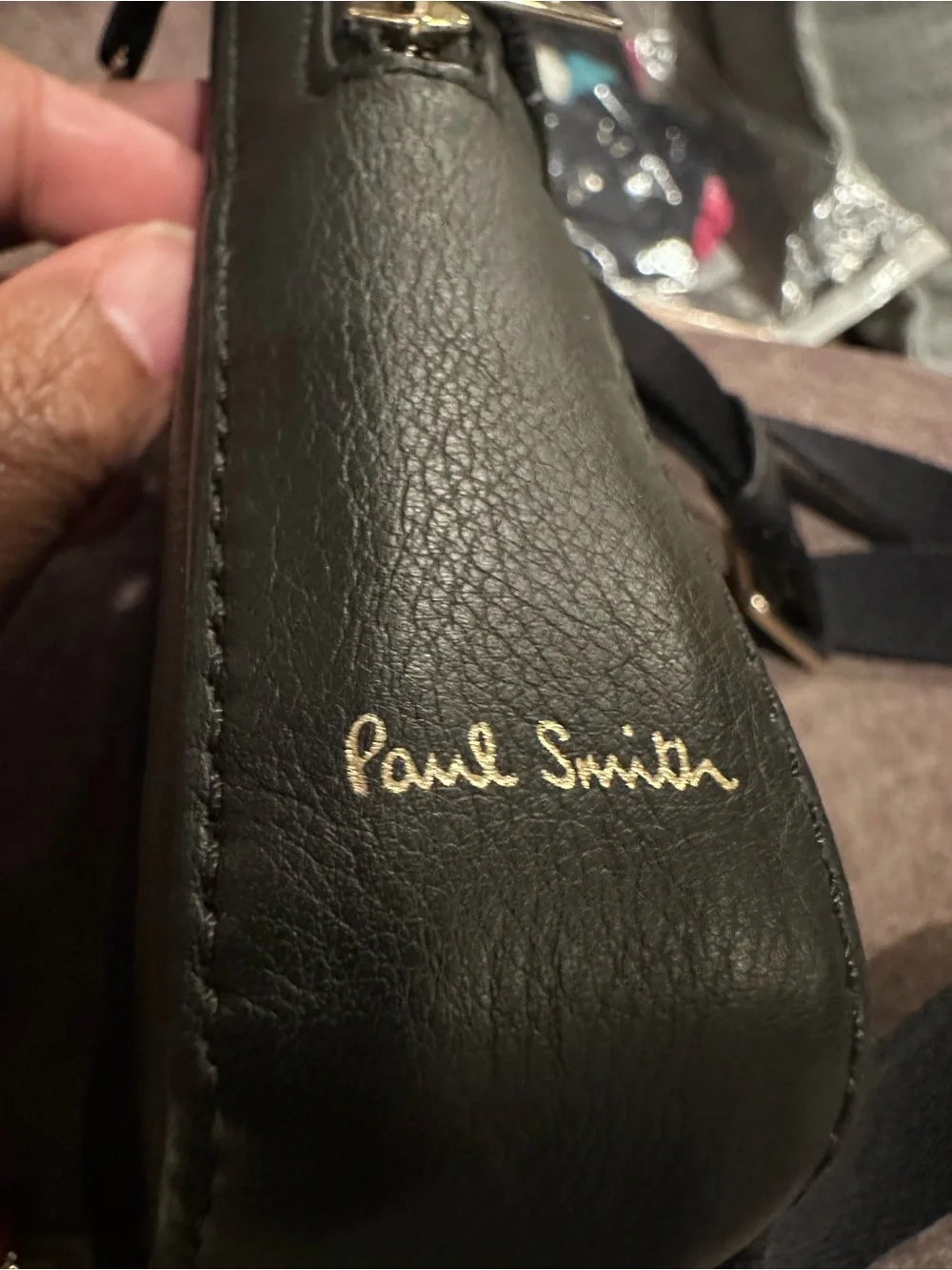 Paul Smith Black Leather Neck Pouch Bag with Multicolor Stripe